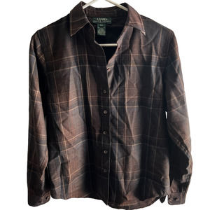 Lauren Ralph Lauren logo petite brown plaid long sleeve button up PS